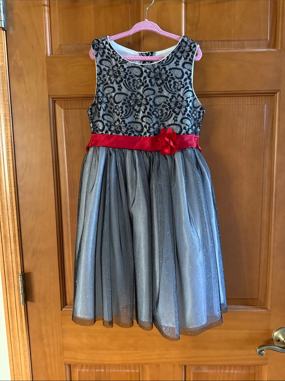 Youngland Black & Silver Sparkle Dress with Red Sash